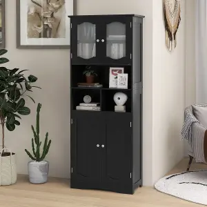 COSTWAY 148cm Tall Bathroom Cabinet Freestanding Storage Cabinet with Tempered Glass Doors