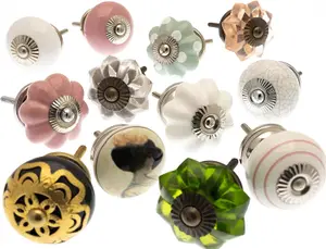 MangoTreeKnobs - Ceramic and Glass Cupboard Door Knobs in Vintage Style Drawer Pulls Set of 12 (MG-251)