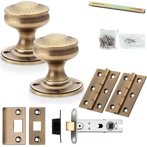 Mortice Door Knob & Latch Pack - Antique Brass - 50mm Hammered Georgian On Round Rose