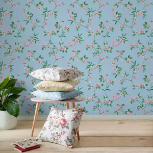 Cath Kidston Blue & Pink Floral Pearl effect Embossed Wallpaper