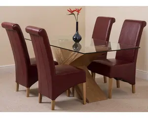 Valencia 160 cm x 90 cm Glass Dining Table and 4 Chairs Dining Set with Montana Burgundy Leather Chairs