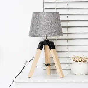 HOMCOM Wooden Tripod Table Lamp for Side, Desk or End Tables with E27 Bulb Base(Grey Shade)