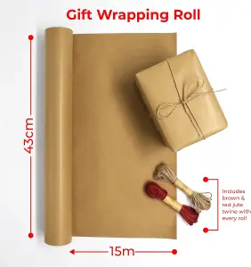 15M Kraft Wrapping Paper Roll for Eco-Friendly Christmas Gift Wrap - Recyclable Brown Craft Paper with Jute Twine 43cm Wide