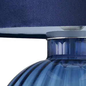 Contemporary Midnight Blue Ribbed Glass Table Lamp with Navy Blue Velvet Shade