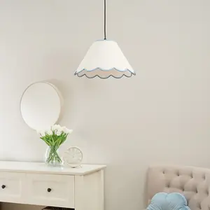 ValueLights Florie Small Natural Linen Tapered Light Shade with Blue Scallop Trim - LED Bulb Included