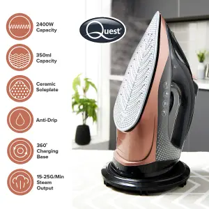 Quest Rechargeable Cordless Steam Iron - Ceramic Soleplate - Self Cleaning - Adjustable Temperature and Steam Output - 2400W