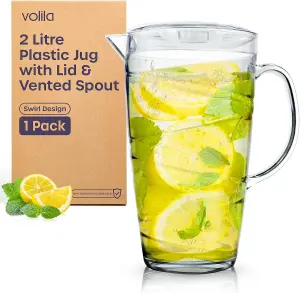 2L Swirl Design Plastic Jug with Lid Lightweight Pitcher for Pimms, Juices, BBQs, Picnics & Garden Parties Clear