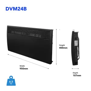 Devola Electric Panel Heater 2400W Low Energy Free Standing or Wall Radiator, Adjustable Thermostat with Programmable Timer Black