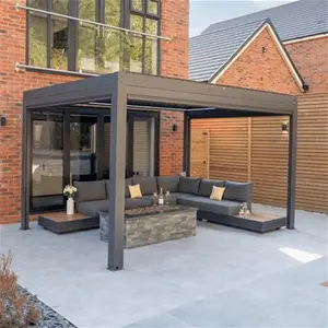 Pergostet 3m X 4m Aluminium Garden Pergola - Grey | Waterproof Louvered Roof | Rectangle Pergola | 3 Side Blinds & LED Lights | Contemporary Design