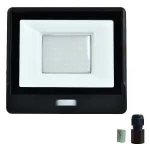 LED Black 50W 4300lm Outdoor IP65 Floodlight with PIR Motion Sensor - 6500k Daylight - Slim Profile - Waterproof Connection