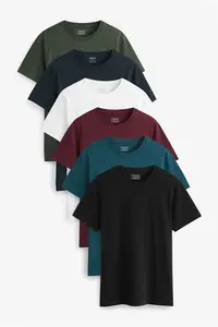 Mens Next Navy/ Teal/ White/ Black/ Green/ Burgundy Regular Fit Essential 100% Cotton T-Shirts 6 Pack - Navy/ Teal/ White/ Black/ Green/ Burgundy