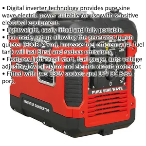 2000W Inverter Generator - 4-Stroke Engine - 4 Litre Fuel Tank - Dual Sockets