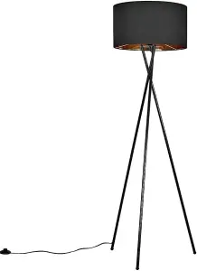 Modern Gloss Black Metal Tripod Floor Lamp with a Black/Gold Cylinder Drum Shade