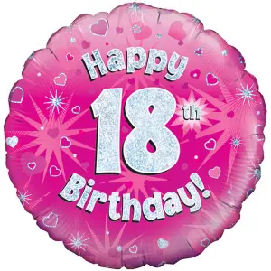 Oaktree 18 Inch Happy 18th Birthday Pink Holographic Balloon Pink/Silver (One Size)