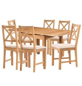 Hallowood Furniture Waverly Small Extending Table with 6 Cross Back Oak Chairs with Beige Fabric Seats