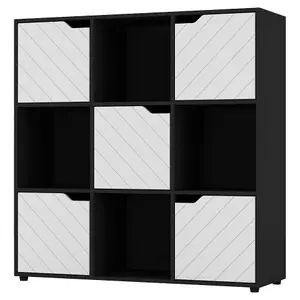 URBNLIVING 91cm Height Black Wooden 9 Cube Bookcase with White Line Door Shelf Storage Shelving Cupboard Display