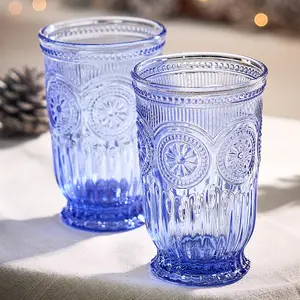 Set of 2 Luxury Embossed Blue Tall Drinking Glass Tumblers 330ml