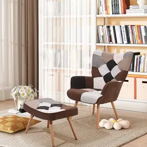 Colour Block Upholstered Armchair with Wooden Legs and Footstool