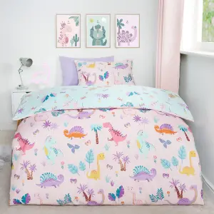 Dino Duvet Cover Bedding Set Reversible Pillowcase Kids Quilt, Pink - Single