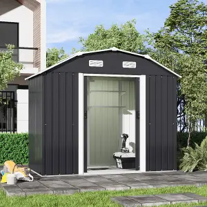 Charcoal Black Garden Metal Storage Tool Shed with Lockable and Curved Reinforced Roof Design