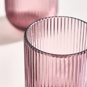 Set of 12 Vintage Luxury Pink Ribbed Short Drinking Glass Whisky Glass Tumbers 270ml