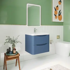 Wall Hung 2 Drawer Vanity Basin Unit with Polymarble Basin, 600mm - Satin Blue