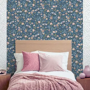 Muriva Blue Floral Metallic effect Embossed Wallpaper