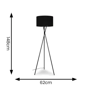 ValueLights Camden Modern Gloss Black Metal Tripod Floor Lamp with Black Cylinder Shade - Includes 6w LED Bulb 3000K Warm White