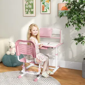 ZONEKIZ Height Adjustable Kids Desk and Chair Set, with Drawer, Bookshelf, Pink