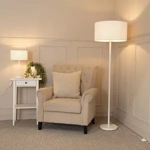 ValueLights Charles White Single Stem Floor Lamp with Grey Drum Lamp Shade and LED Bulb