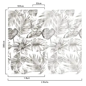 Leaves and Blooms 3 lane Repeatable Wallpaper Mural, White