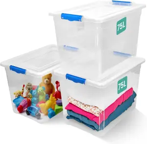 75L BPA Free Plastic Storage Boxes With Lids, Set of 3, Stackable, Clear, Clip-Lock