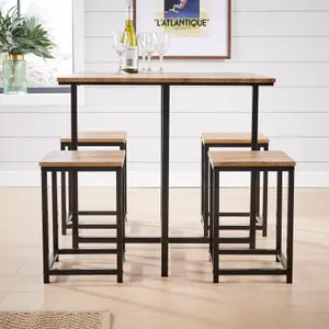 Home Source Paphos Table and 4 Bar Stool Set Oak Effect Black Metal Legs