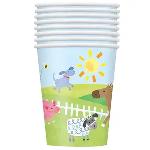 Unique Party Paper Farm Disposable Cup (Pack of 8) Green/Blue/Yellow (One Size)