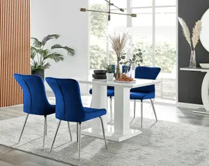 Furniturebox UK 4 Seater Dining Set - Imperia White High Gloss Dining Table and Chairs - 4 Blue Nora Silver Leg Chairs