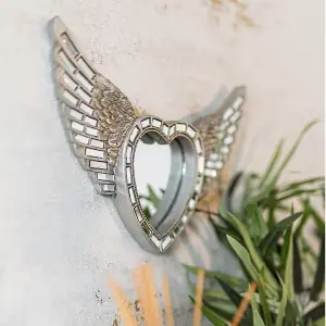 Silver Mosaic Heart Angel Wings Hanging Mirror Home Decor Wall Hanging Decoration