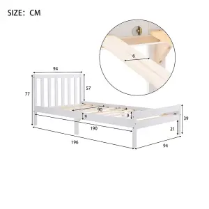 Wooden Bed Frame, Single Bed 3ft Solid Wooden Bed Frame, Bedroom Furniture for Adults, Kids, Teenagers, White