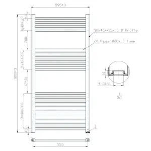 600x1200mm Matt Black Heated Towel Warmer Ladder Rail Radiator