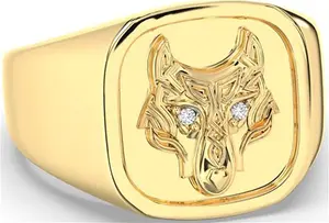 Men's Diamond Gold Sterling Silver Irish Celtic Wolf Signet Ring Engravable Irish Made Mens Ladies Unisex