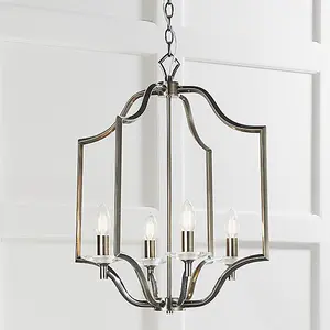 Luminosa Lainey 4 Light Ceiling Pendant Antique Brass Plate & Clear Crystal Glass, E14