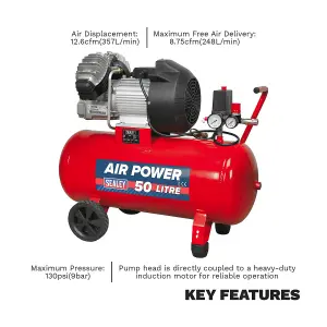 Sealey Air Compressor 50L V-Twin Direct Drive 3hp SAC05030