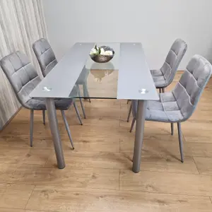 Grey Clear Glass Dining Table With 4 Grey Tufted Velvet Chairs Dining Set