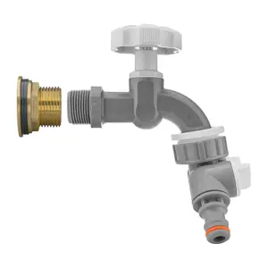 Water Butt Replacement Tap BRASS Metal Lever UK Bib Outlet Barb Quick Hosepipes Grey tap + valved splitter  1"