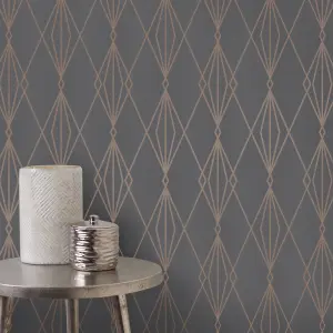 GoodHome Ajuga Charcoal Rose gold effect Art deco Textured Wallpaper Sample