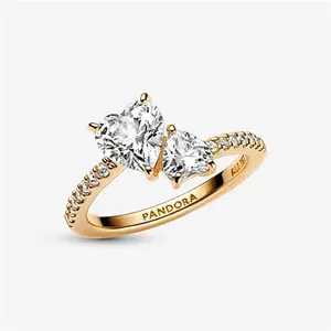 Pandora Double Heart Sparkling Ring - 14K Gold Plating / Cubic Zirconia - Sz. 50