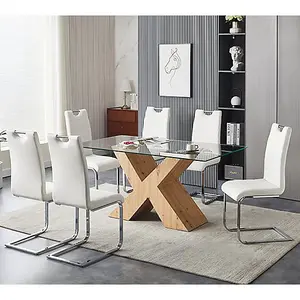 Zanti Glass Dining Table In Oak Base 6 Petra White Chairs