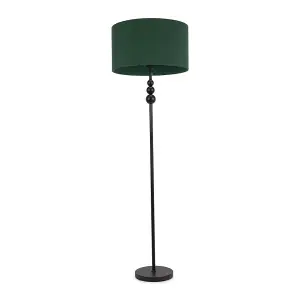 ValueLights Marissa Matt Black Stacked Ball Floor Lamp with Forest Green Drum Shade