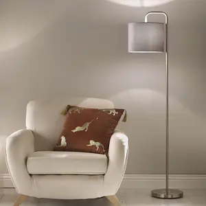 Floor Lamp in Satin Nickel Finishes Complete with a Velour Grey Lamp Shades