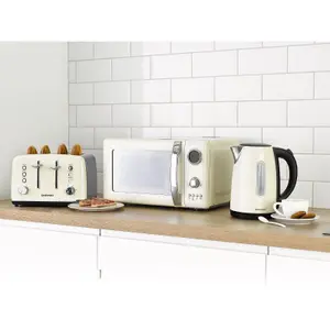 Daewoo Kensington Cream Retro Matching Kettle Toaster and Microwave Set 3000W Jug, 4 Slice & Crumb Tray, 800W 2L & 12 Presets