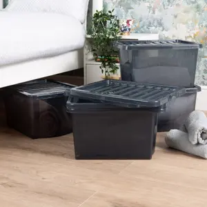 Wham Crystal 5x 28L Plastic Storage Boxes with Lids. Small Size, Strong . Made in the UK Tint Smoke